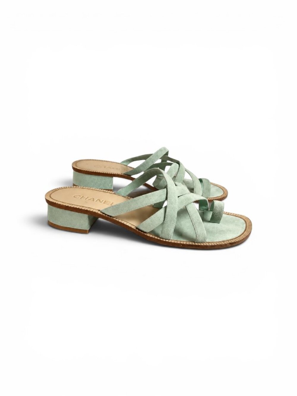 Chanel 18C Paris Greece CC Suede Slide Mule Sandals Seafoam 38.5 Rare